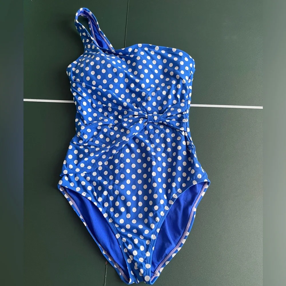 PERRY ELLIS One Piece, Off Shoulder Polka Dot Swimsuit